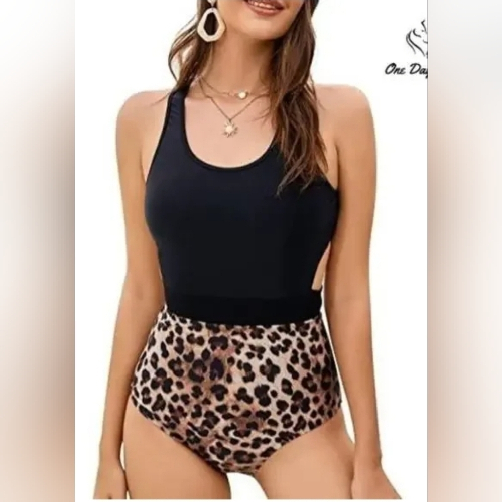 Black Leopard Print Cut Out Racer Back One Piece Swimsuit